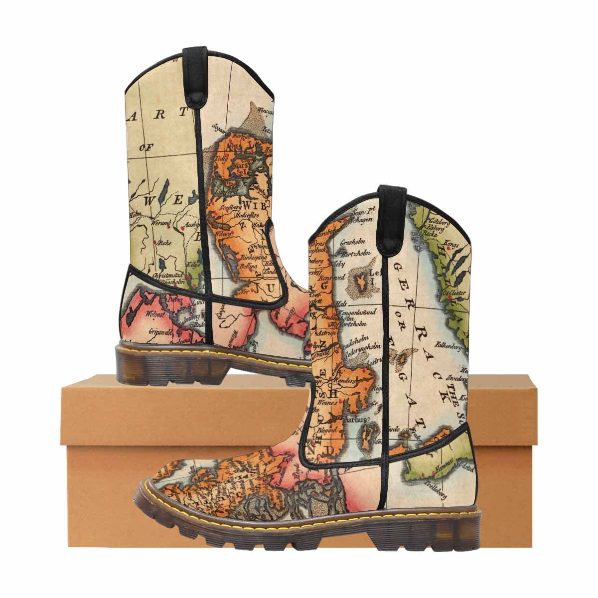 Antique Map design womens western lumber boots, Design 34