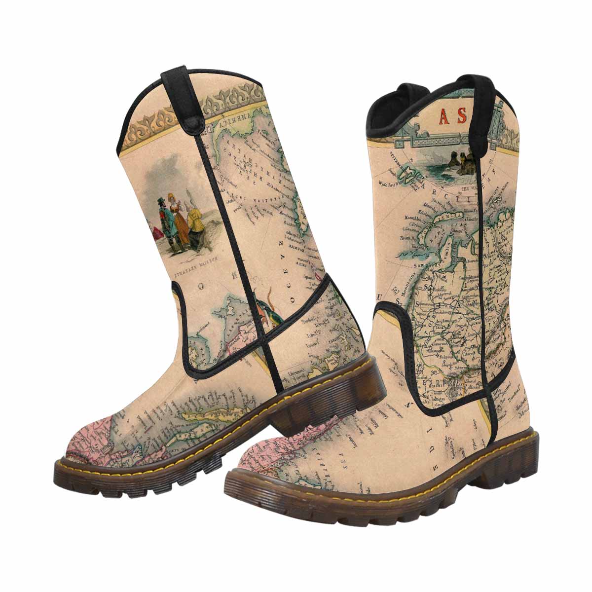 Antique Map design womens western lumber boots, Design 37