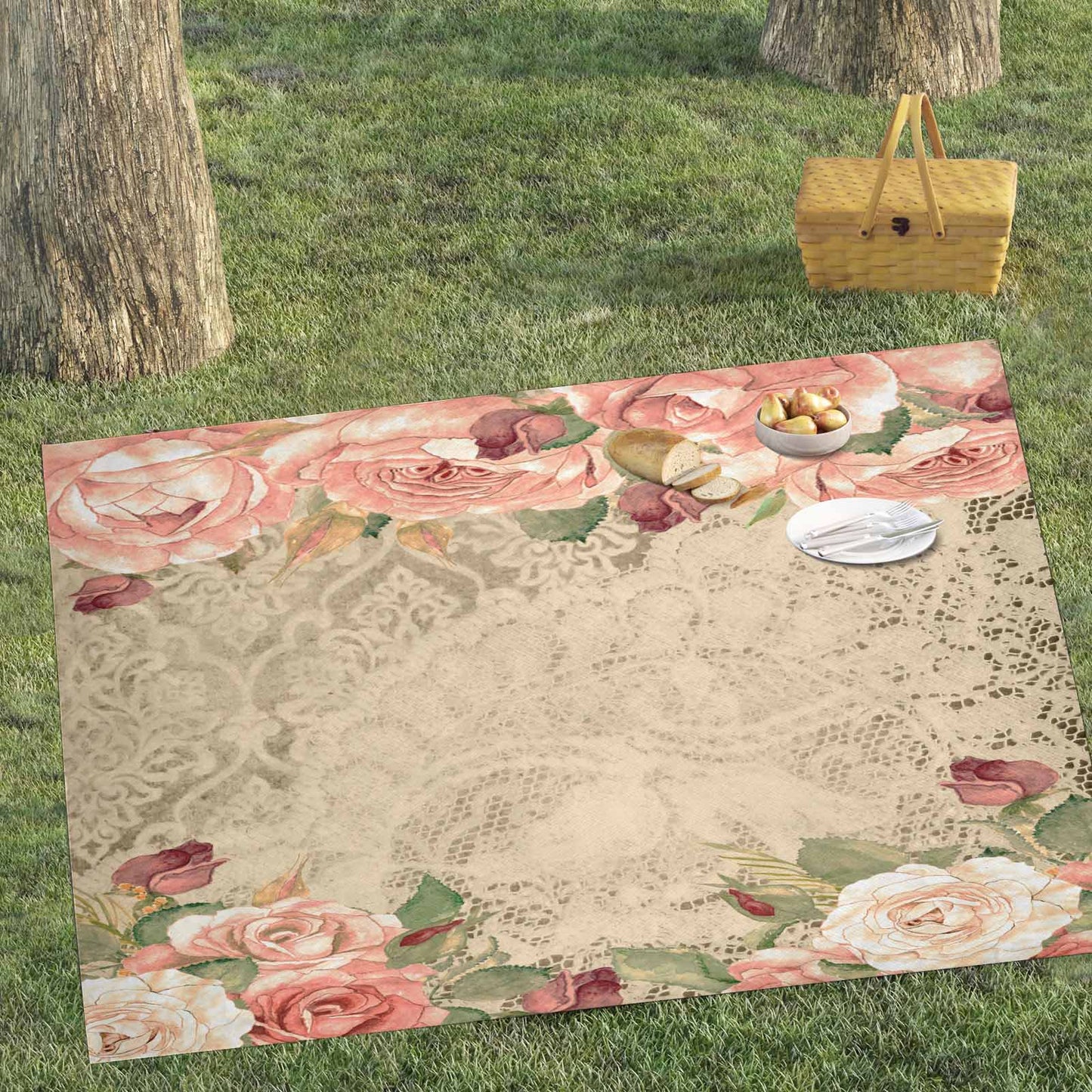 Victorian lace print waterproof picnic mat, 81 x 55in, design 25