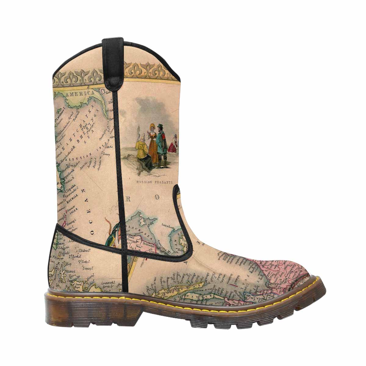 Antique Map design womens western lumber boots, Design 37