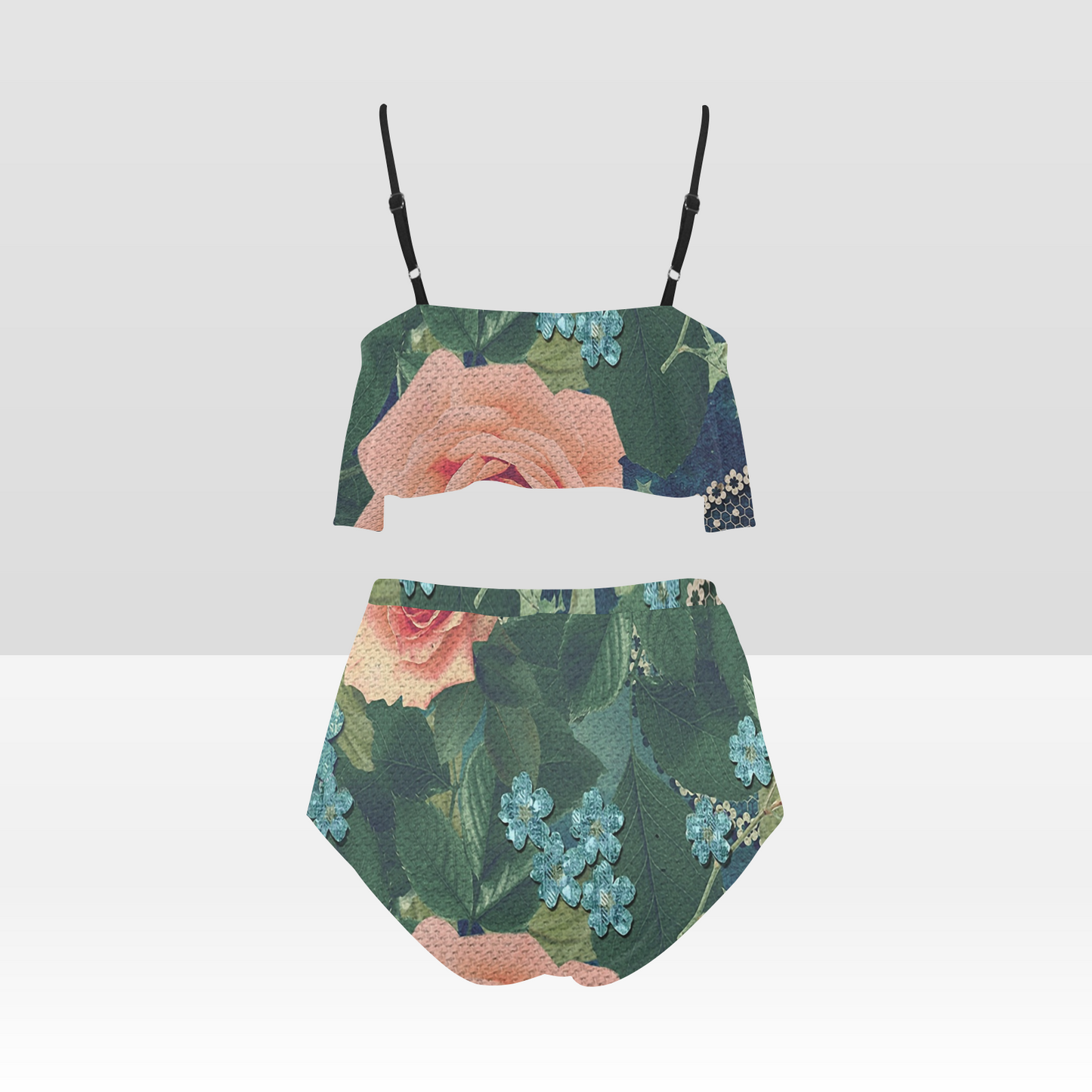 Flounce & Ruffle Bikini swimwear, Printed Victorian lace, Design 01 High Waisted Ruffle Bikini Set-A/B/C (Model S03)