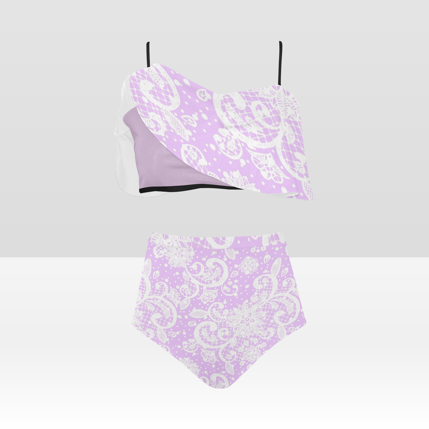 Flounce & Ruffle Bikini swimwear, Printed Victorian lace, Design 06 High Waisted Ruffle Bikini Set-A/B (Model SO3)