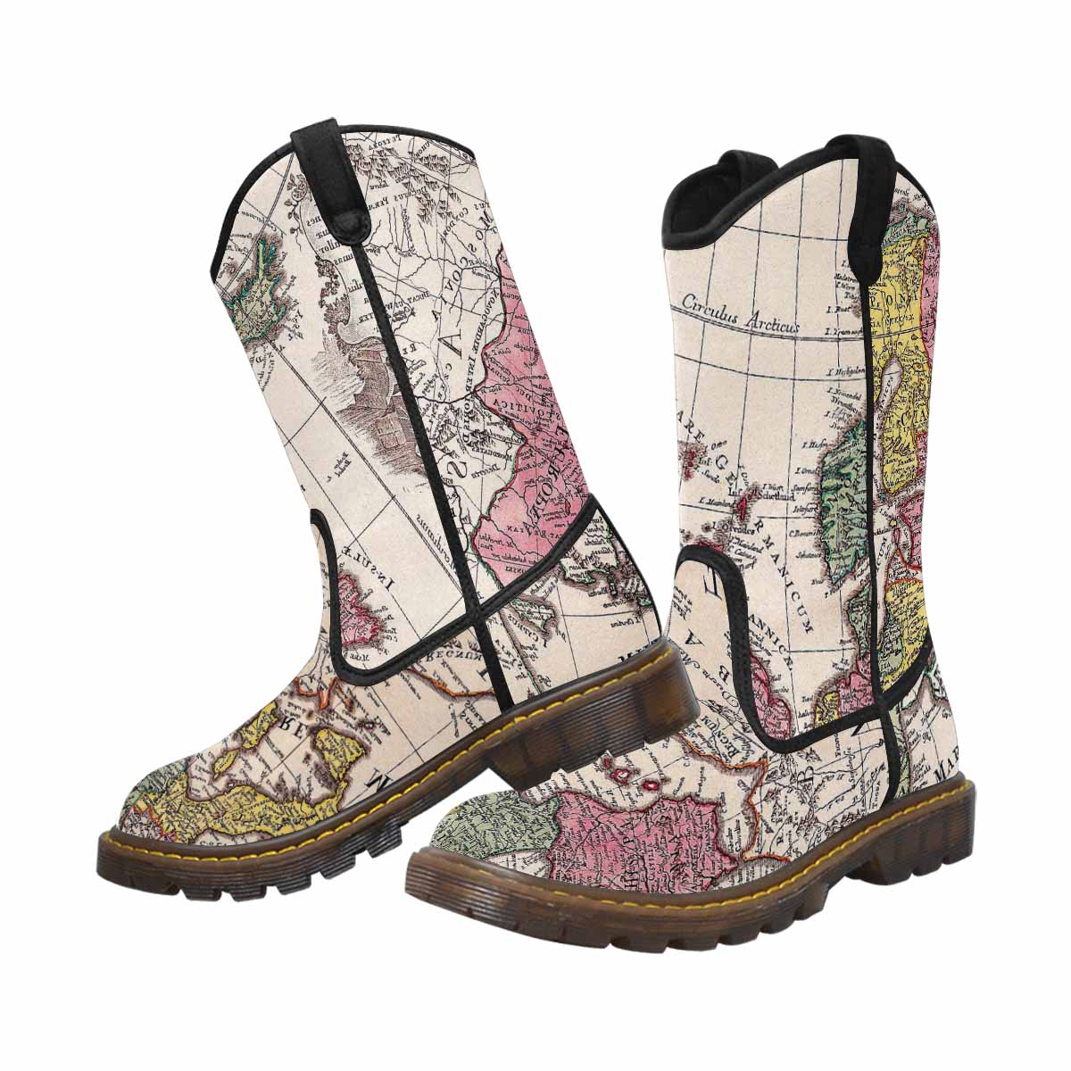 Antique Map design womens western lumber boots, Design 43