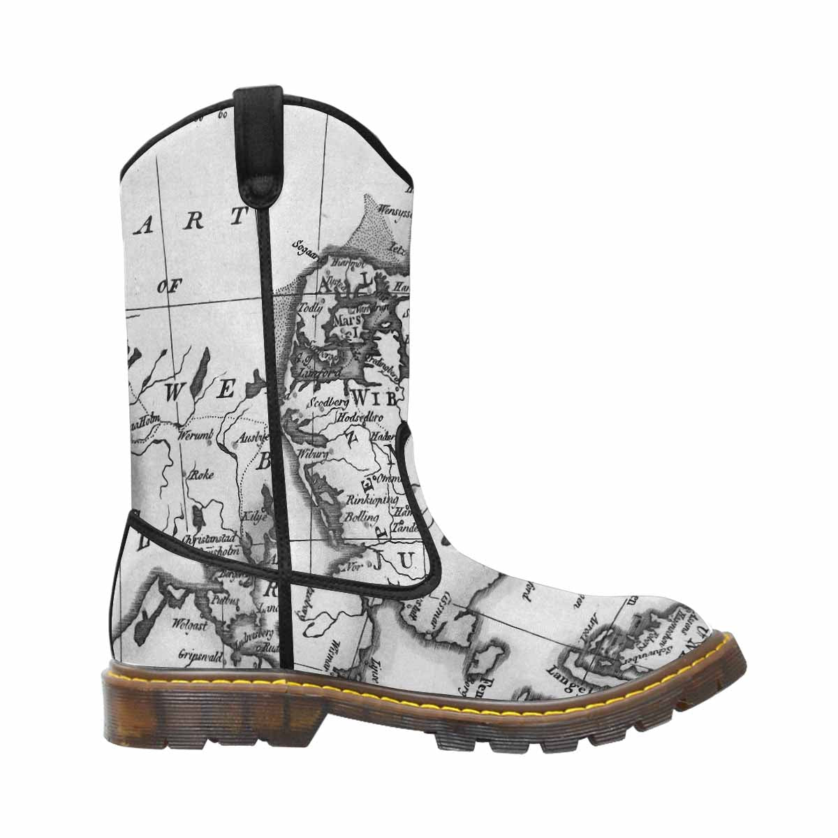 Antique Map design mens western lumber boots, Design 32