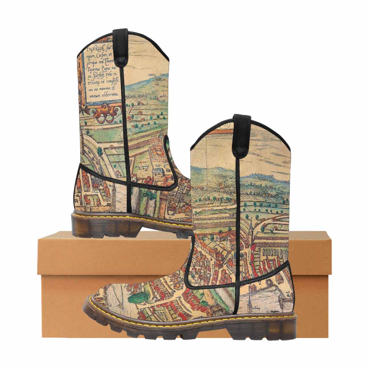 Antique Map design mens western lumber boots, Design 24