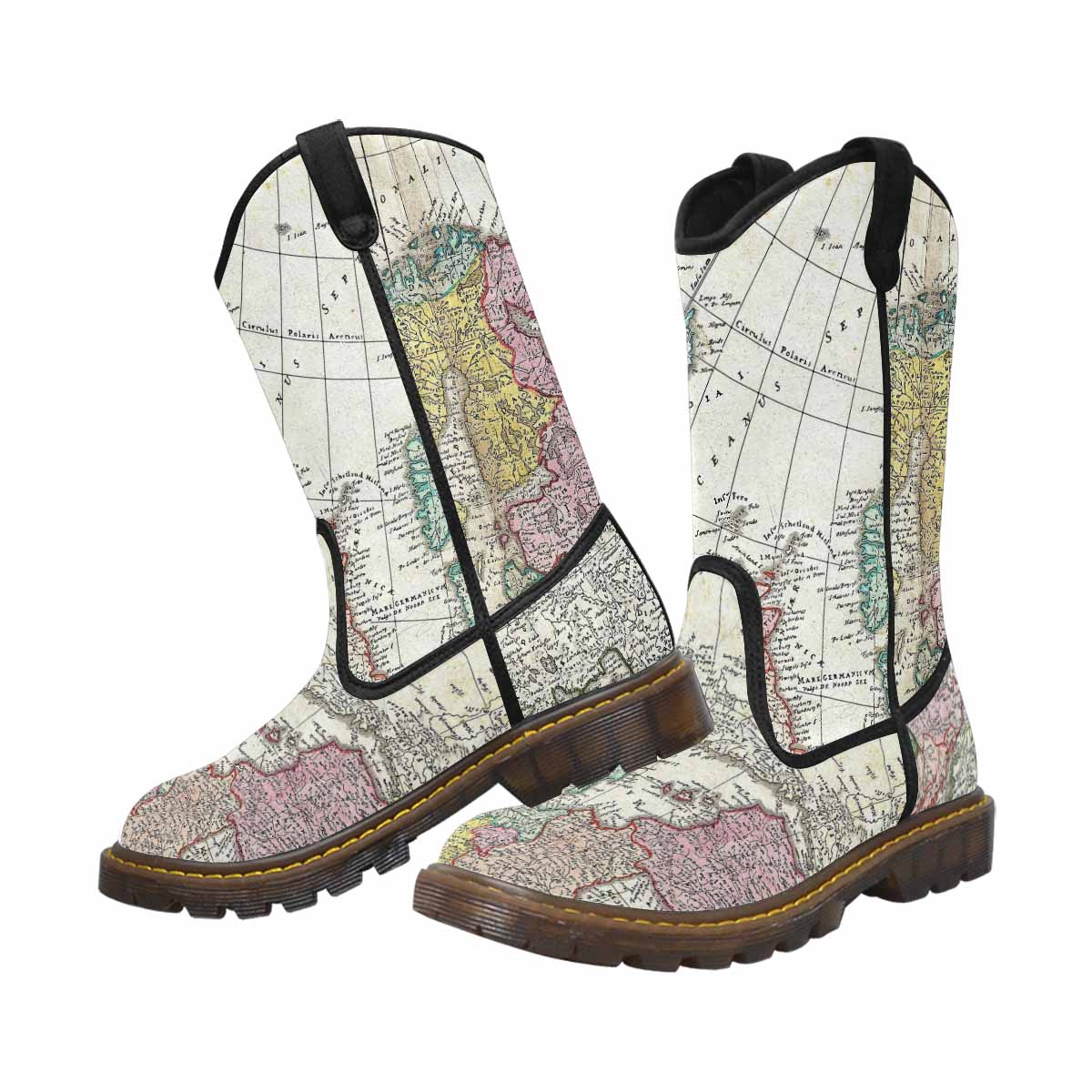 Antique Map design mens western lumber boots, Design 30