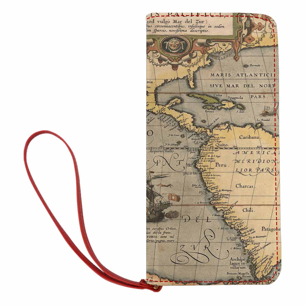 Antique Map design , womens wallet, clutch purse, Red TrimDesign 46