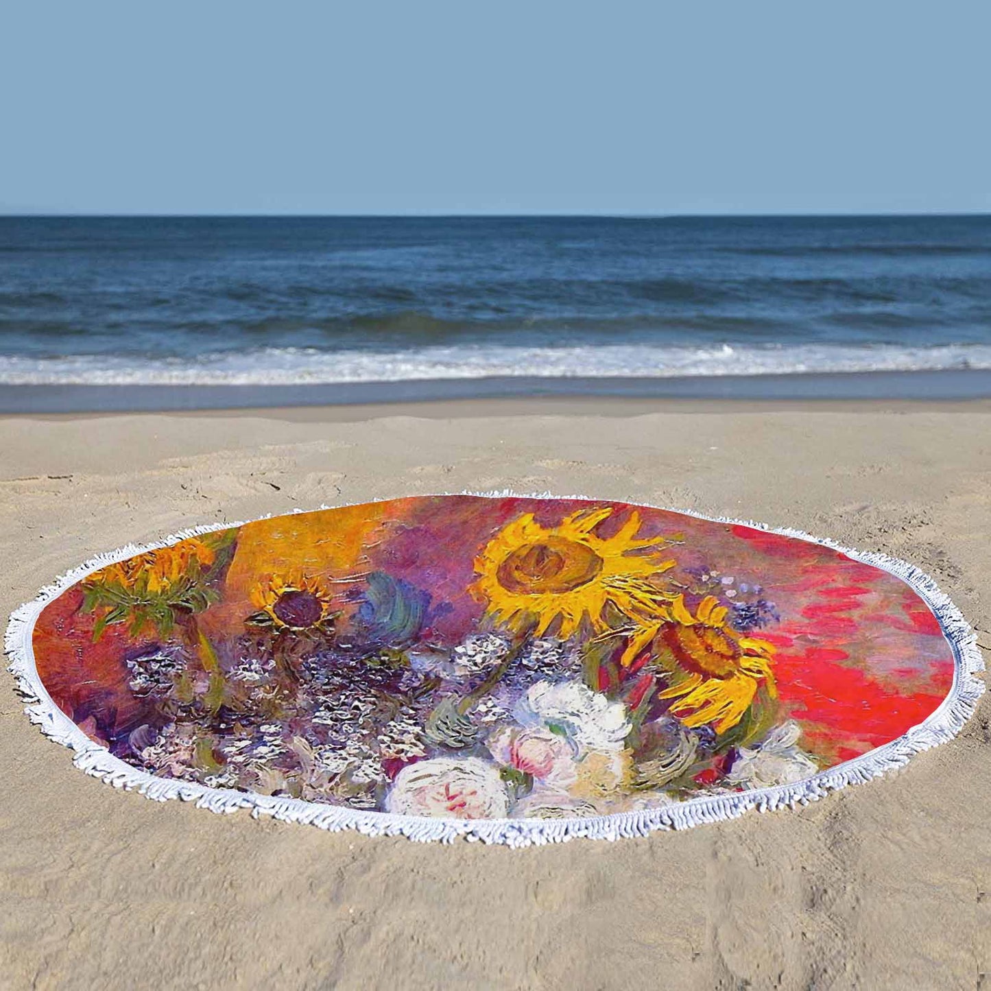 Vintage Floral circular plush beach towel, fringe edges, Design 54