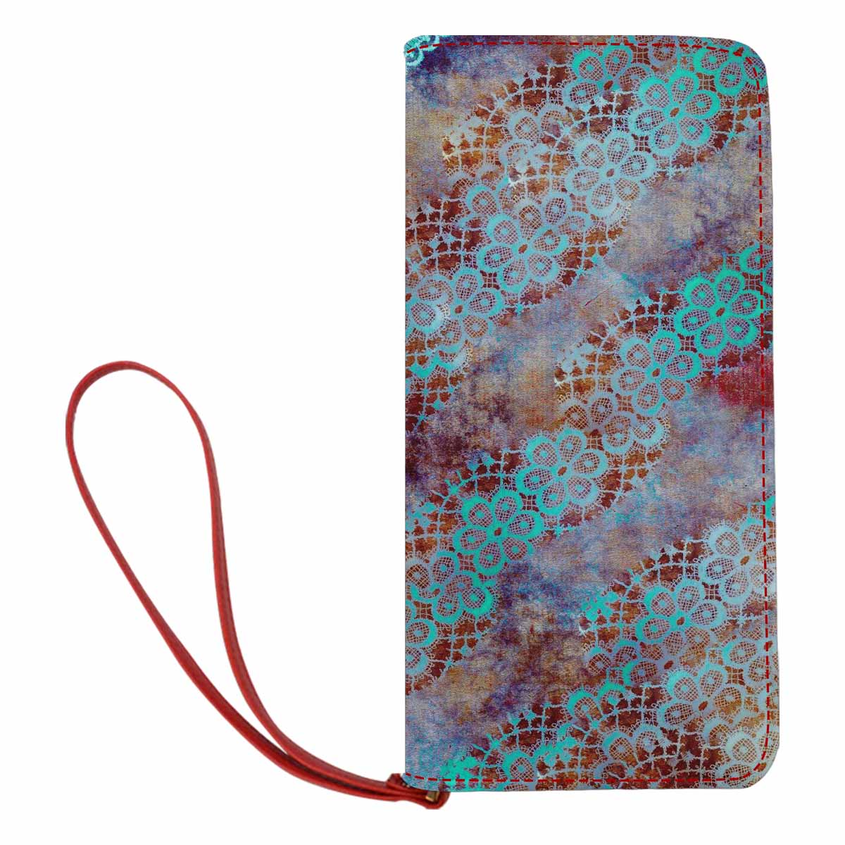 Victorian lace print womens wallet, clutch purse, red trim, design 37