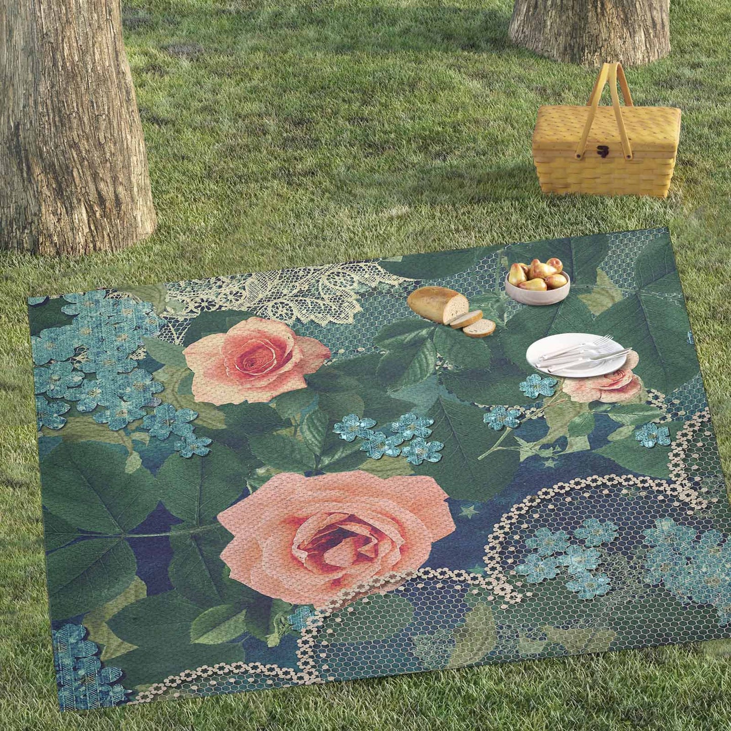 Victorian lace print waterproof picnic mat, 81 x 55in, design 01