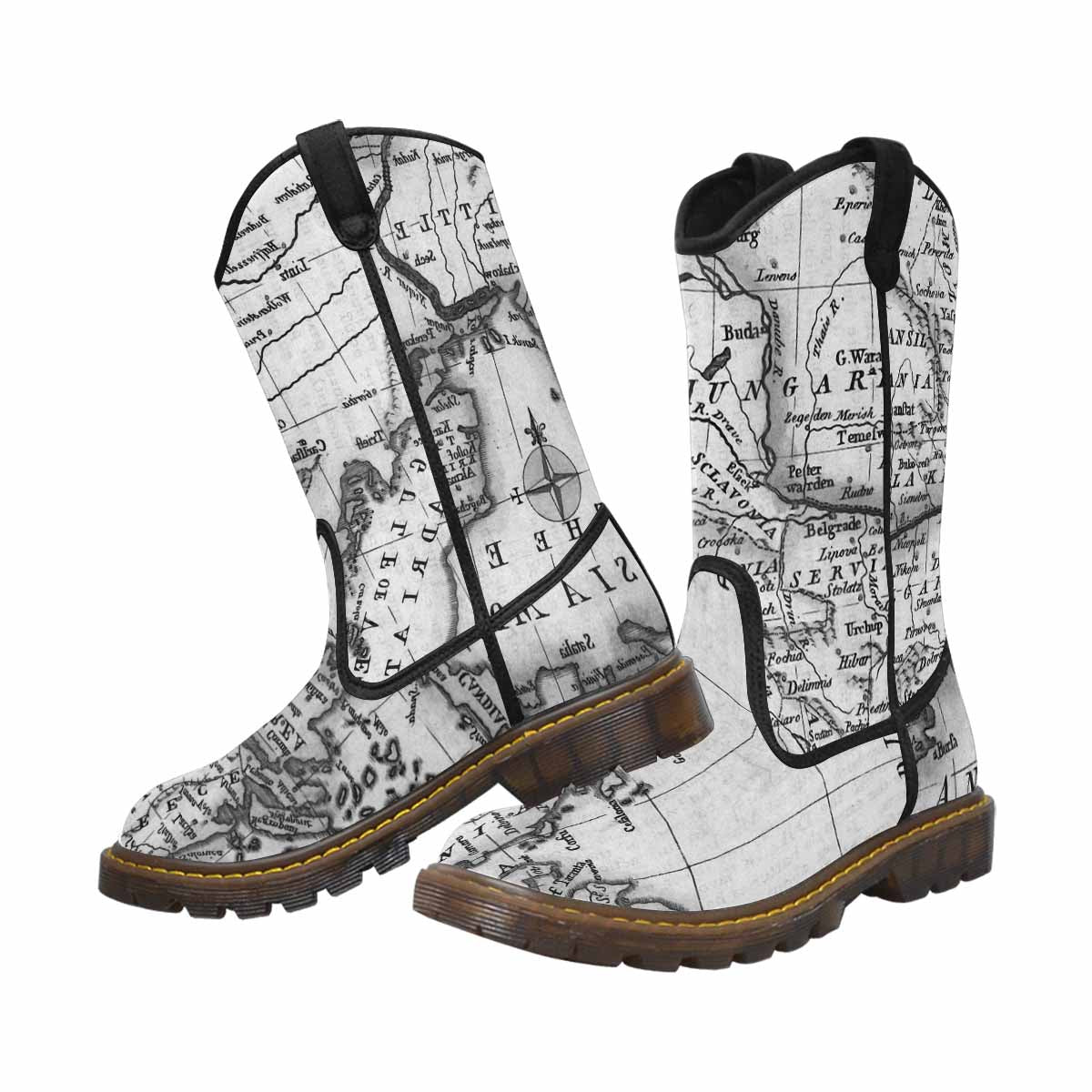 Antique Map design womens western lumber boots, Design 20