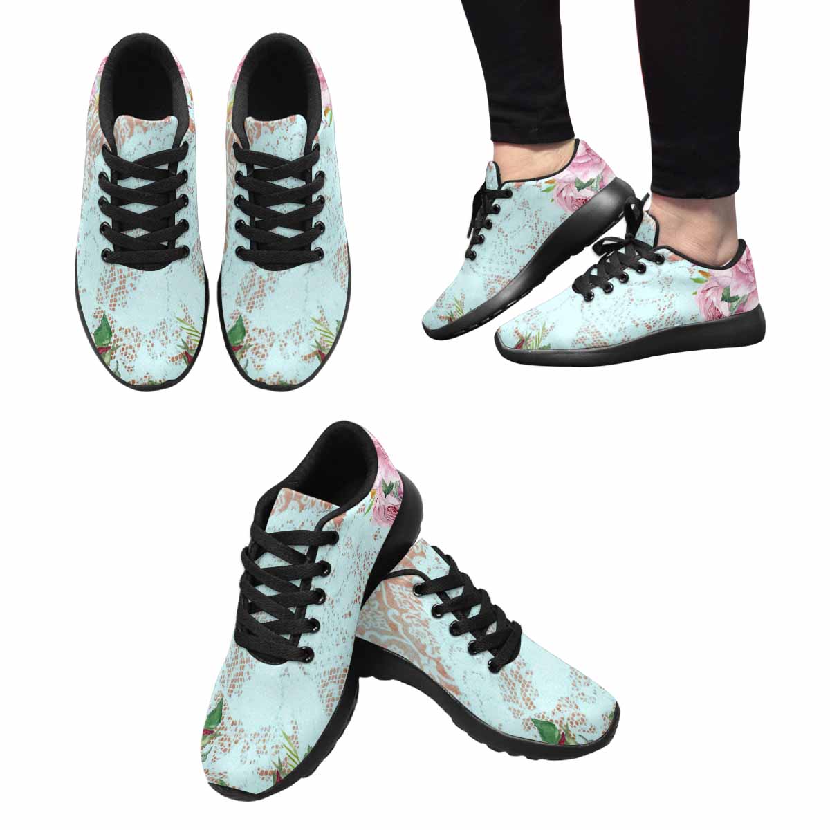 Victorian lace print, womens cute casual or running sneakers, design 24