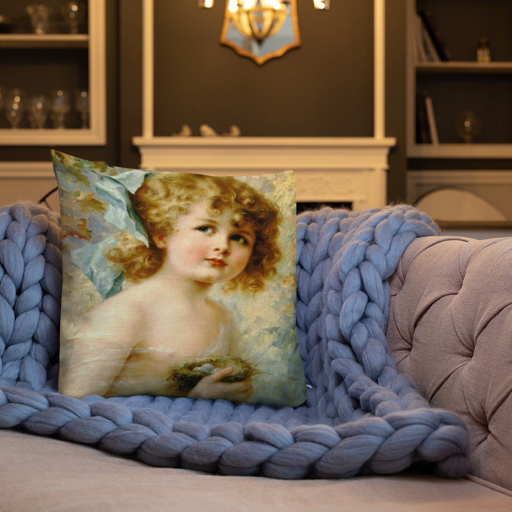 Victorian girl throw pillow 18 x 18, Girl Holding a Nest, Premium pillow