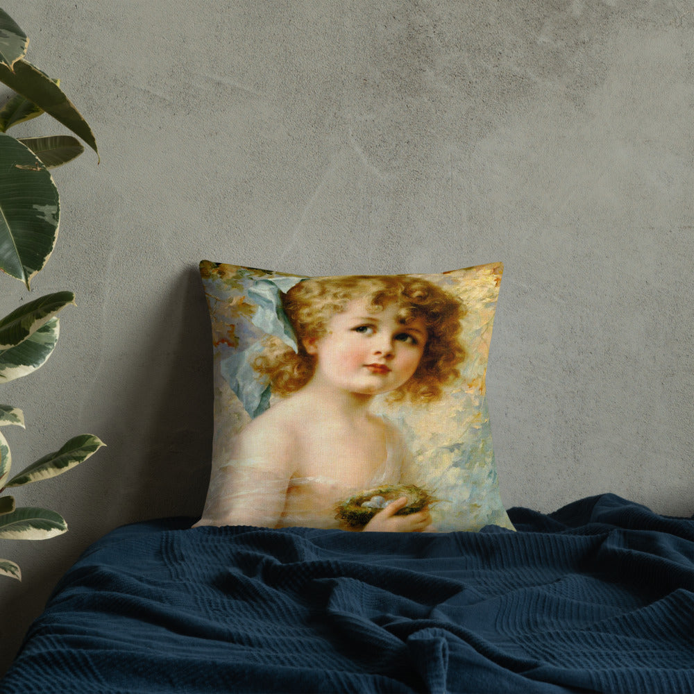 Victorian girl throw pillow 18 x 18, Girl Holding a Nest, Premium pillow