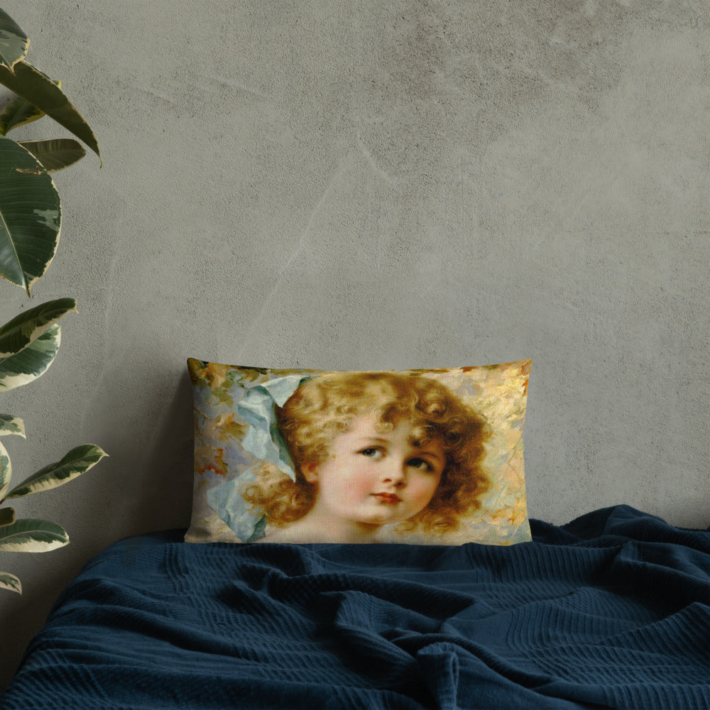 Victorian girl throw pillow 18 x 18, Girl Holding a Nest, Premium pillow