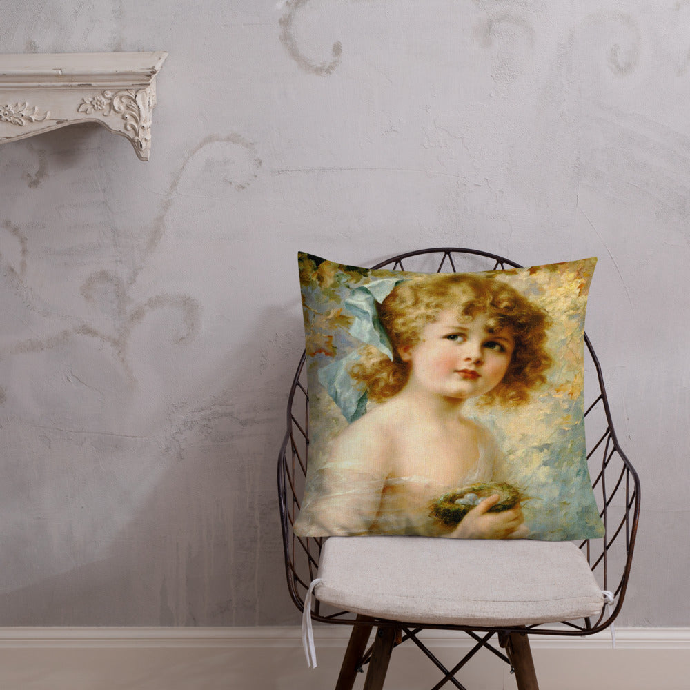 Victorian girl throw pillow 18 x 18, Girl Holding a Nest, Premium pillow