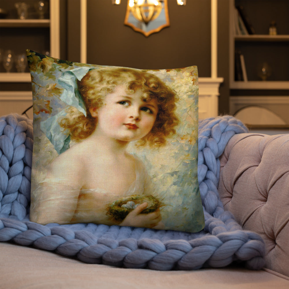 Victorian girl throw pillow 18 x 18, Girl Holding a Nest, Premium pillow