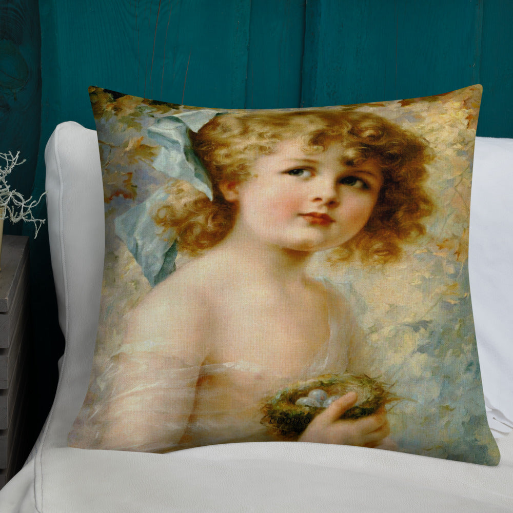 Victorian girl throw pillow 18 x 18, Girl Holding a Nest, Premium pillow