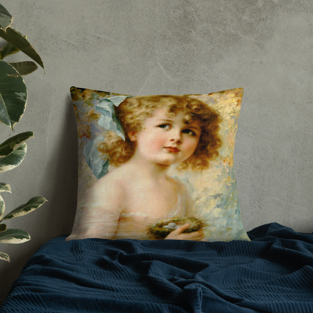 Victorian girl throw pillow 18 x 18, Girl Holding a Nest, Premium pillow