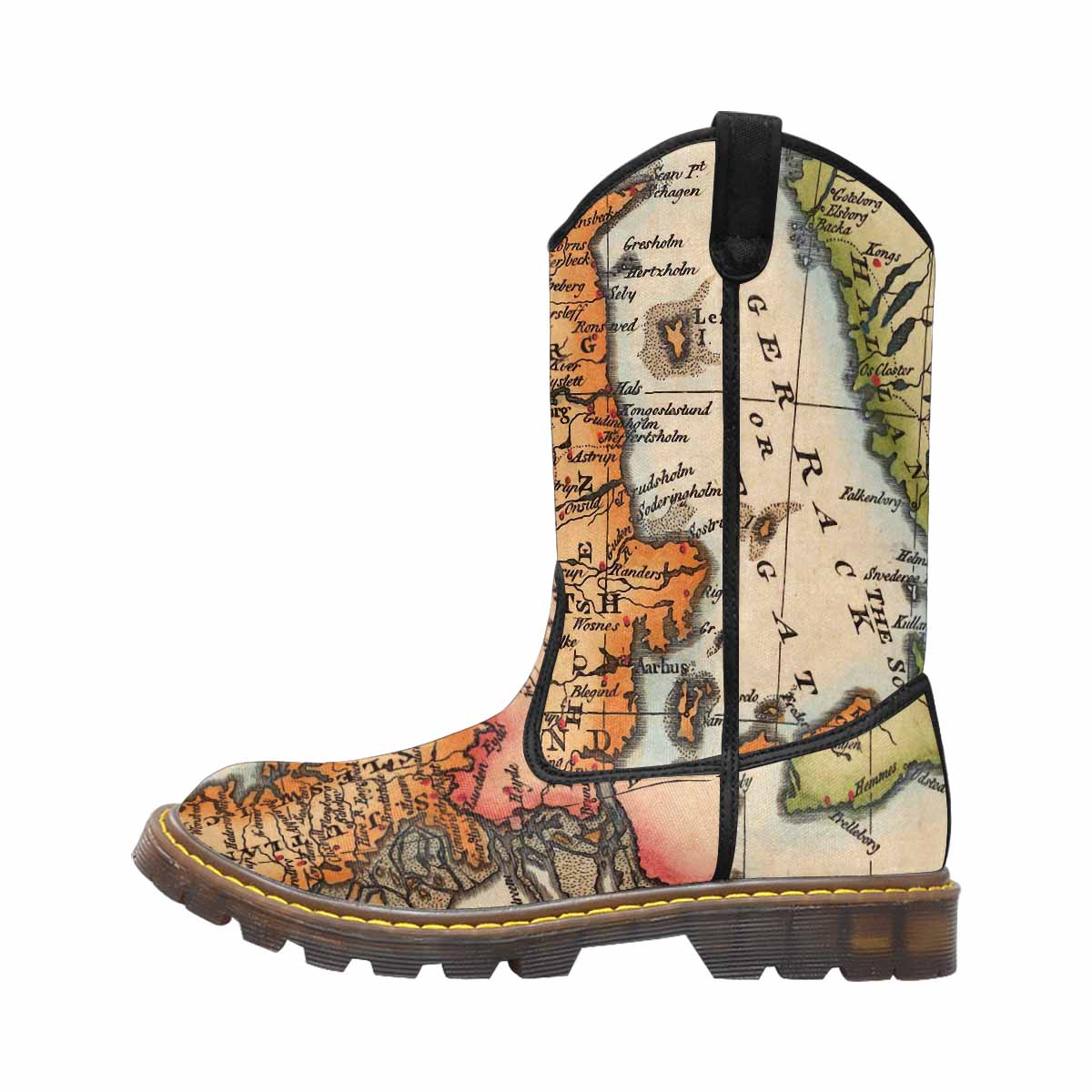 Antique Map design mens western lumber boots, Design 34