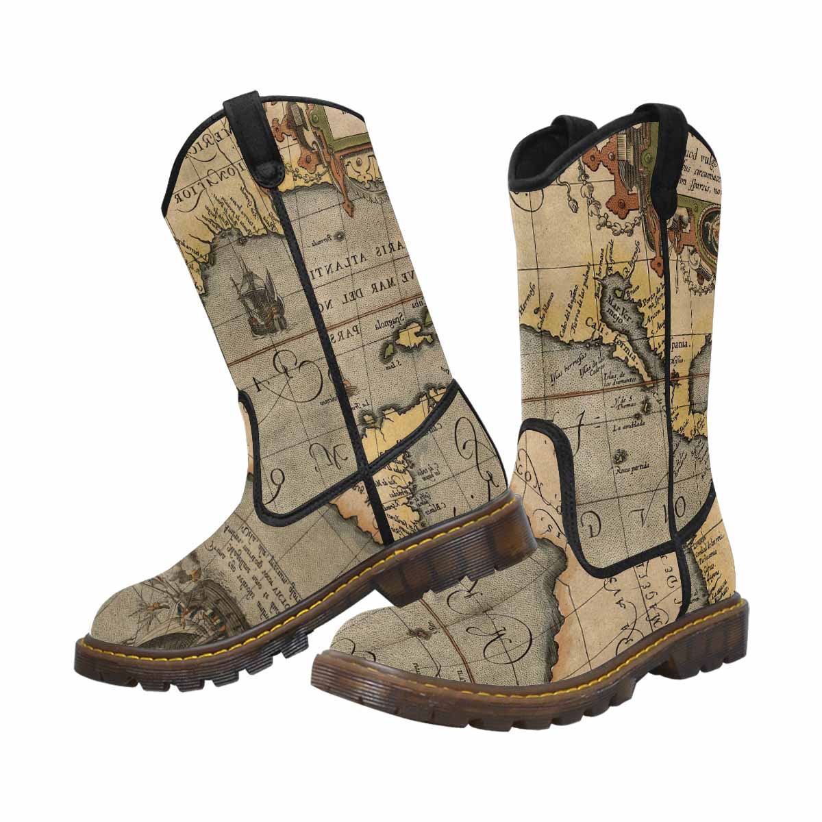 Antique Map design womens western lumber boots, Design 46