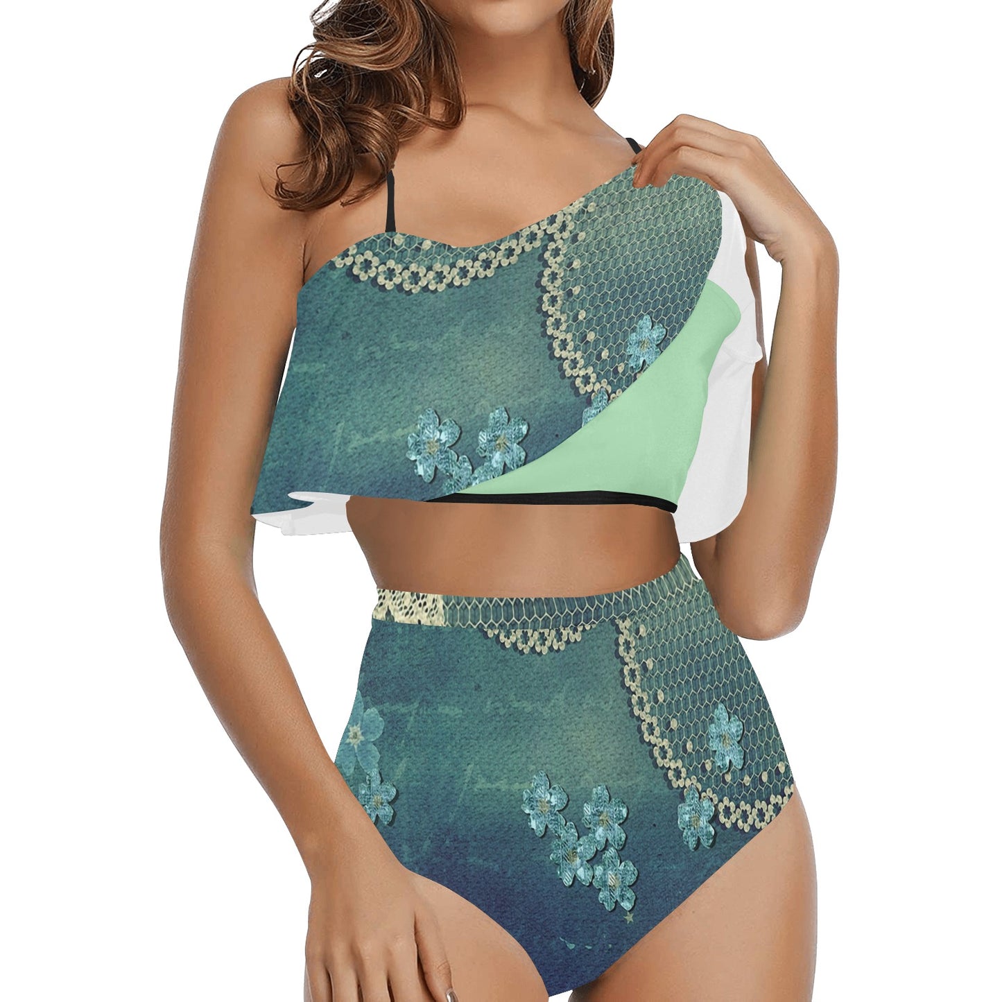 Flounce & Ruffle Bikini swimwear, Printed Victorian lace, Design 04 High Waisted Ruffle Bikini Set-A/B (Model SO3)