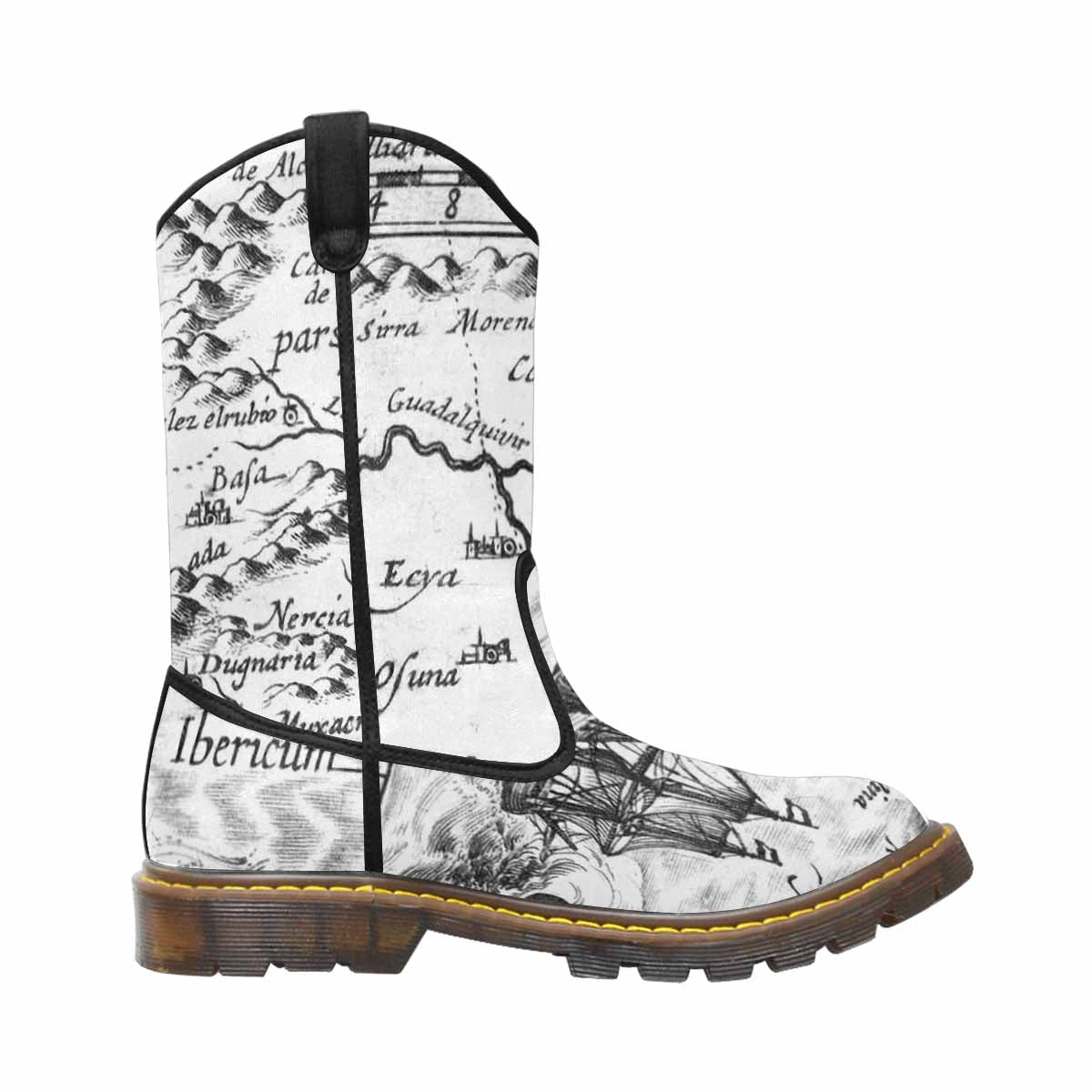 Antique Map design mens western lumber boots, Design 23