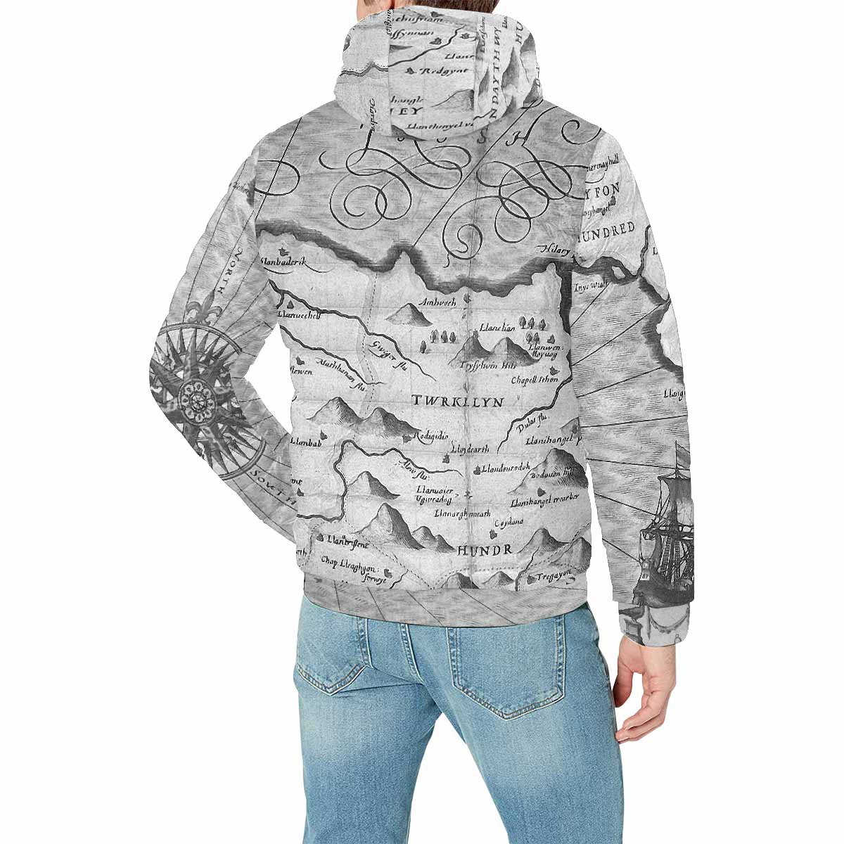 Antique Map design, mens lightweight, warm, quilted hooded bomber jacket, design, 11