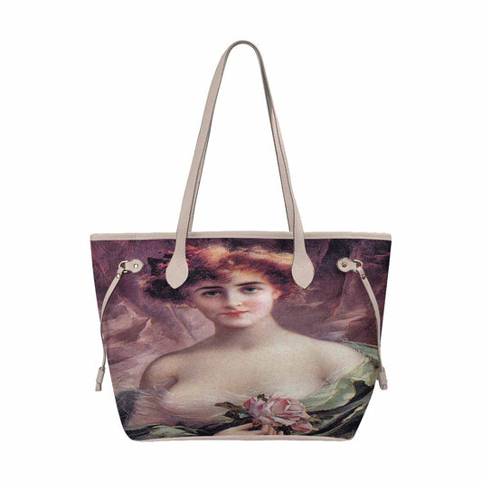 Victorian Lady Design Handbag, Model 1695361, The Pink Rose, BEIGE/TAN TRIM
