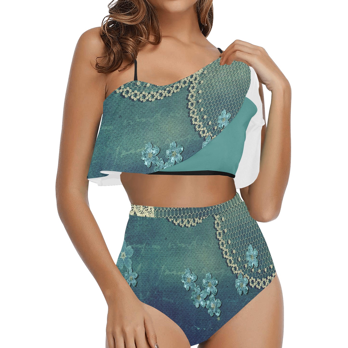 Flounce & Ruffle Bikini swimwear, Printed Victorian lace, Design 04 High Waisted Ruffle Bikini Set-A/B (Model SO3)