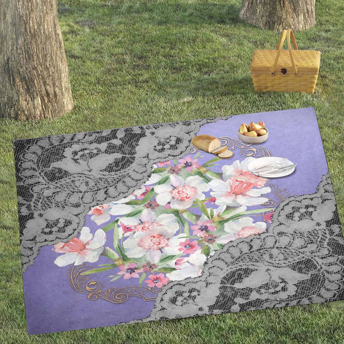 Victorian lace print waterproof picnic mat, 81 x 55in, design 45