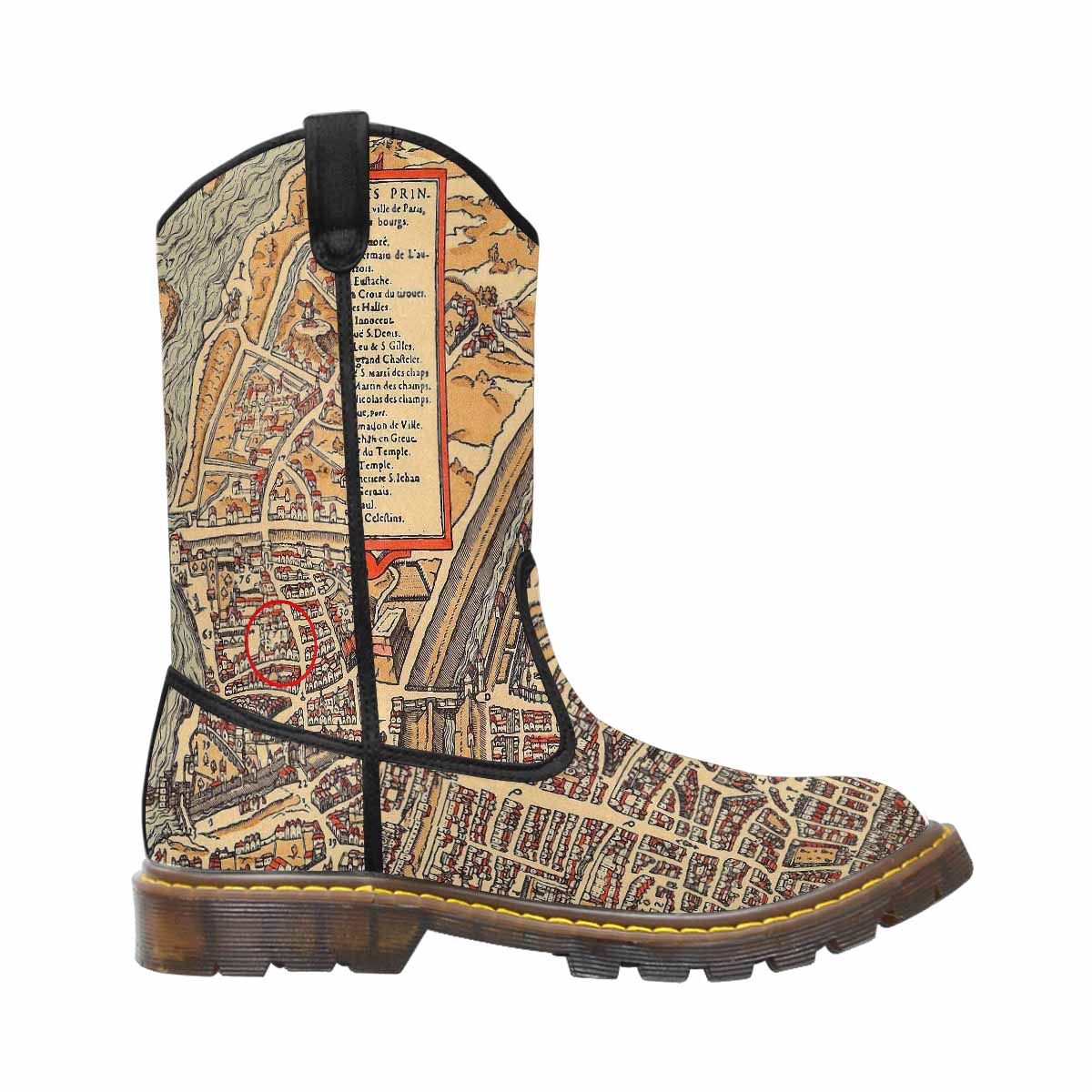 Antique Map design mens western lumber boots, Design 49