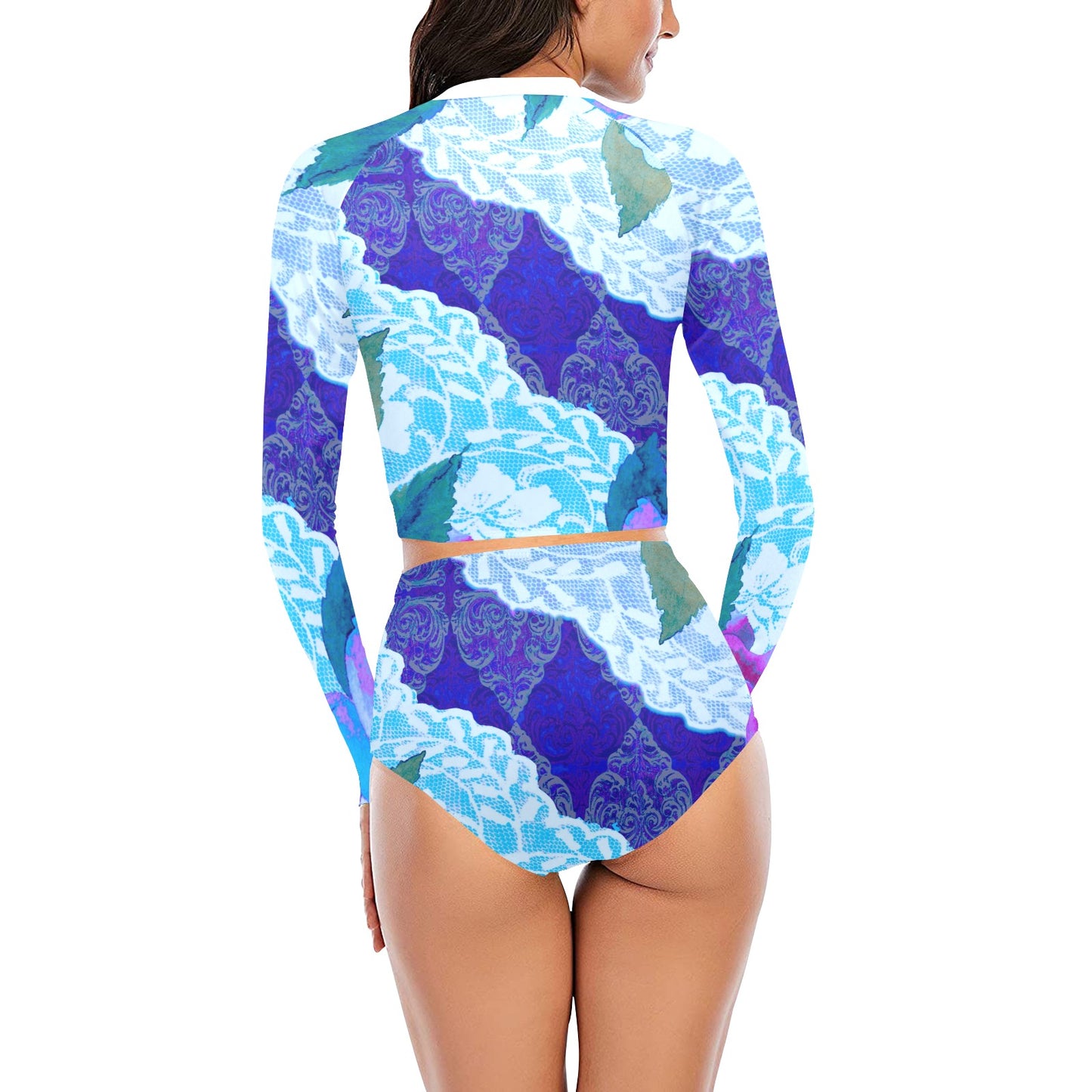 Victorian printed lace, long sleeve 2pc swimsuit, beachwear, design 20 Long Sleeve Bikini Set (Model S27)