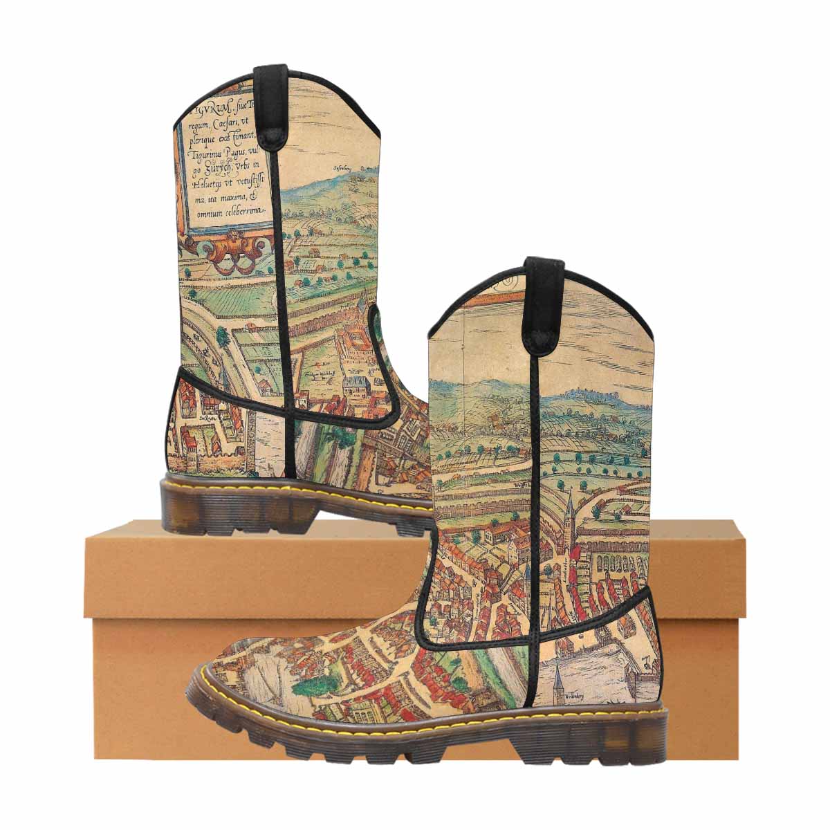 Antique Map design womens western lumber boots, Design 24