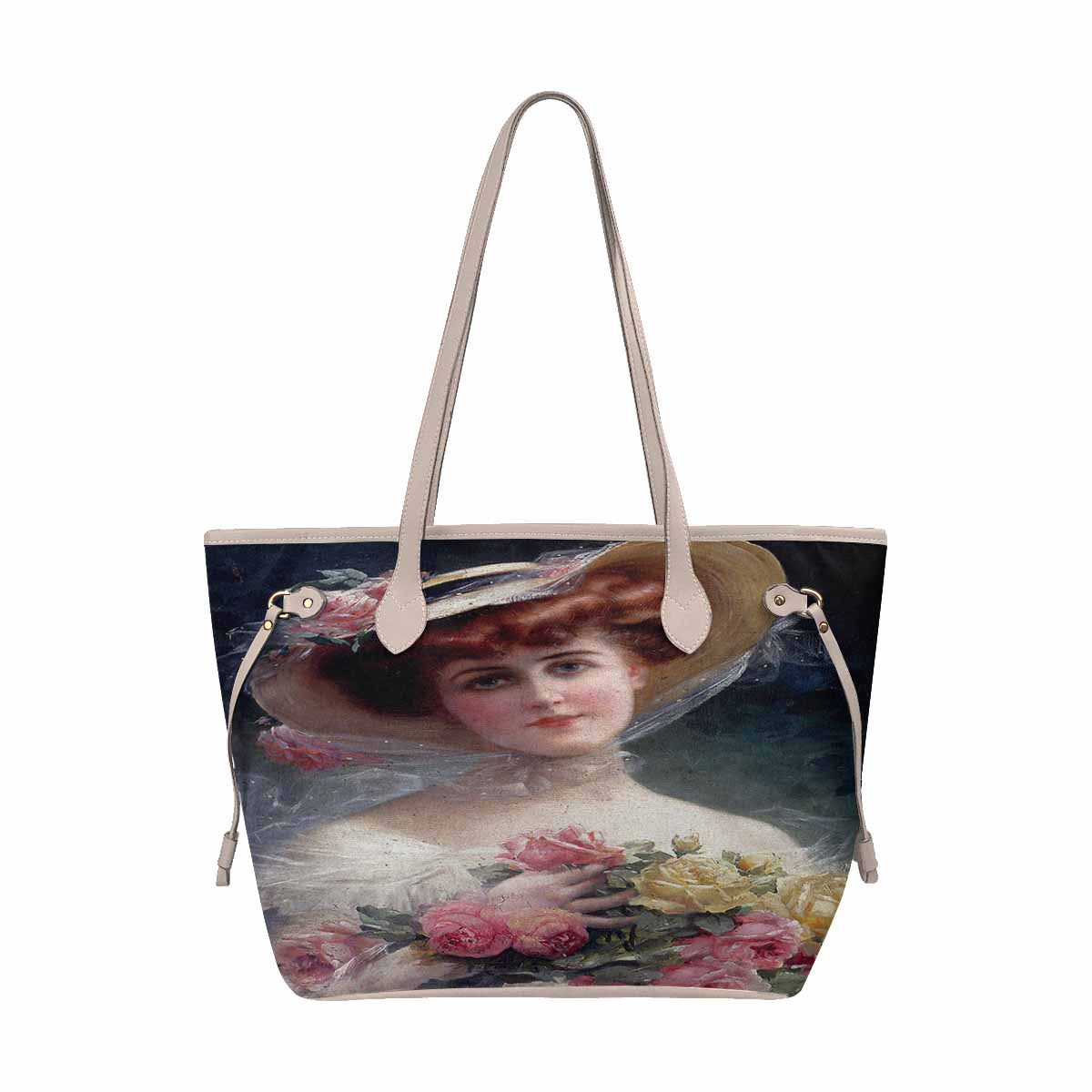 Victorian Lady Design Handbag, Model 1695361, Beauty With Flowers, BEIGE/TAN TRIM