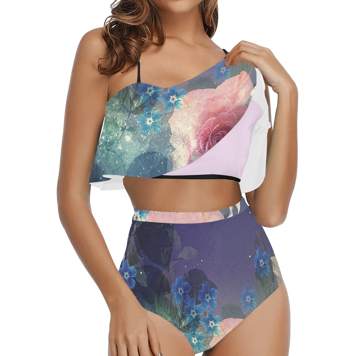 Flounce & Ruffle Bikini swimwear, Printed Victorian lace, Design 02 High Waisted Ruffle Bikini Set-A/B/C (Model S03)