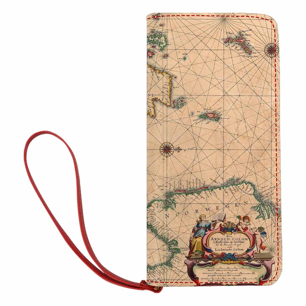 Antique Map design , womens wallet, clutch purse, Red TrimDesign 7