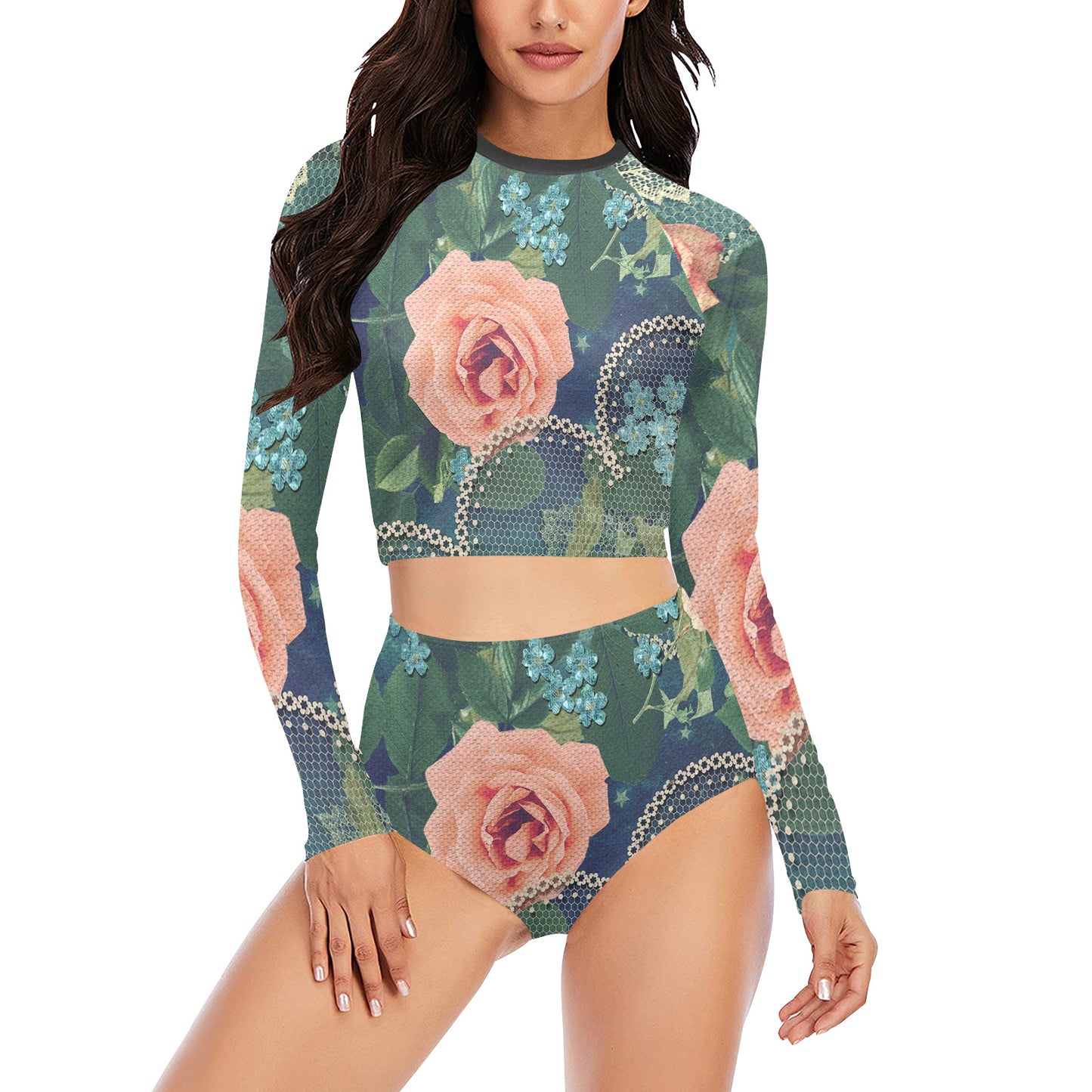 Victorian printed lace, long sleeve 2pc swimsuit, beachwear, design 01 Long Sleeve Bikini Set (Model S27)