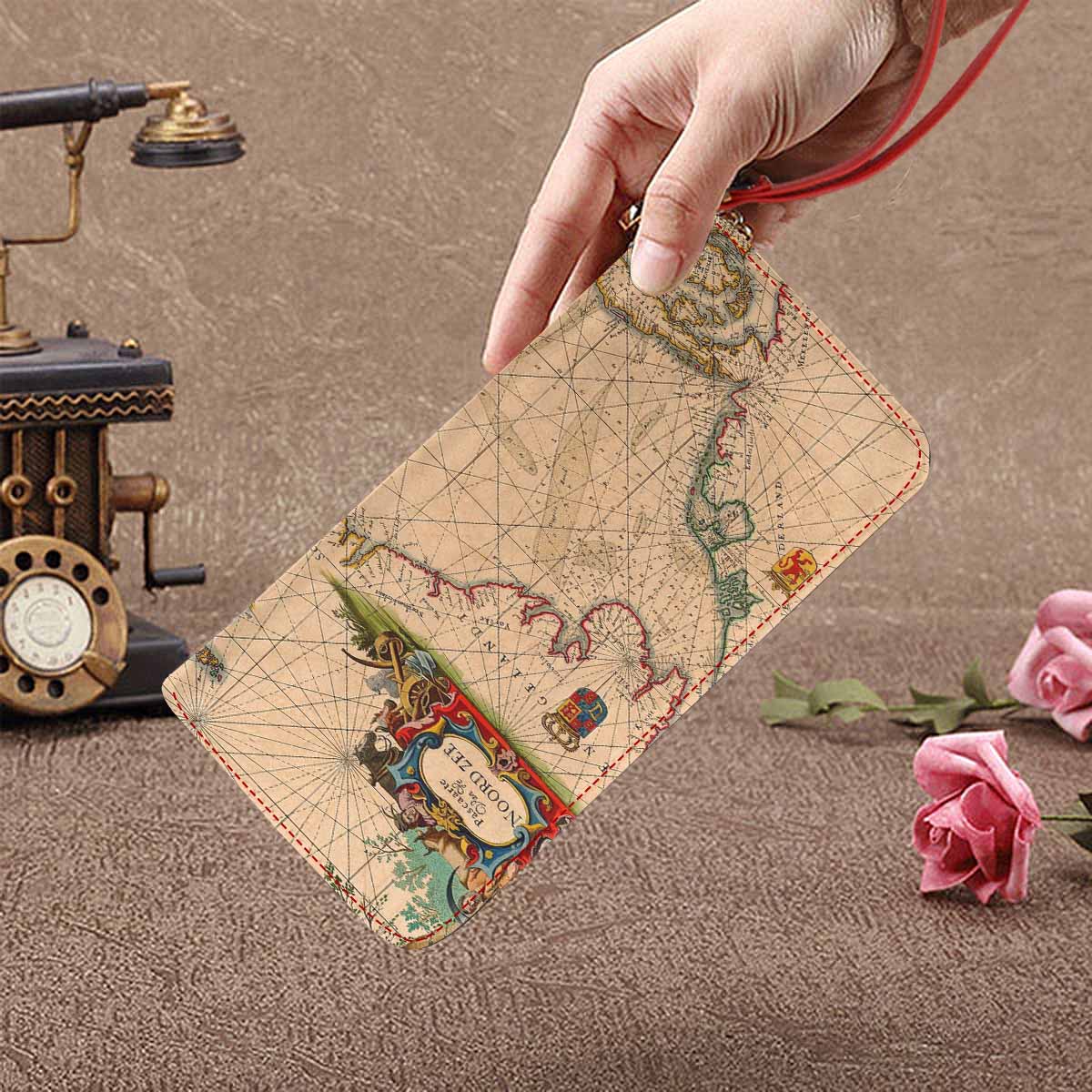 Antique Map design , womens wallet, clutch purse, Red TrimDesign 7