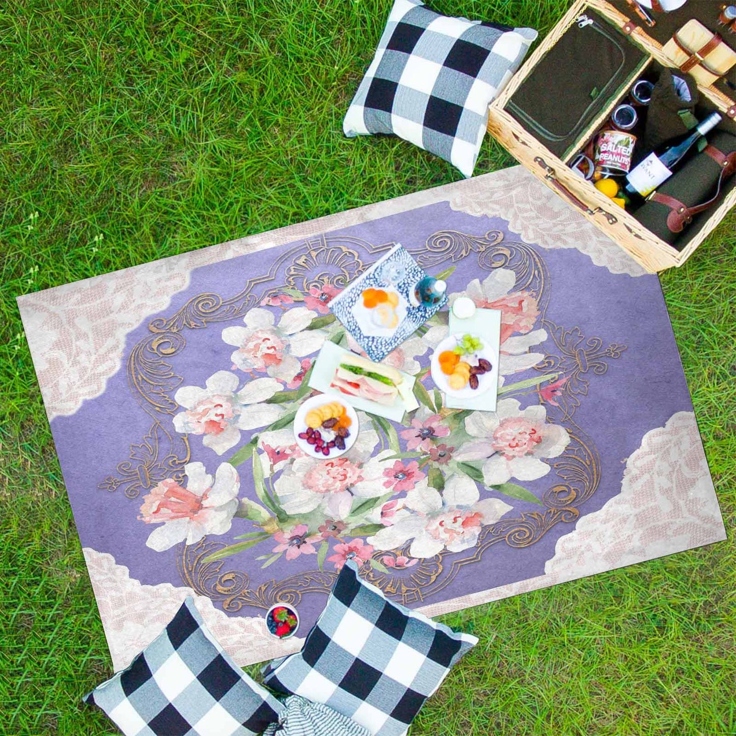 Victorian lace print waterproof picnic mat, 81 x 55in, design 47