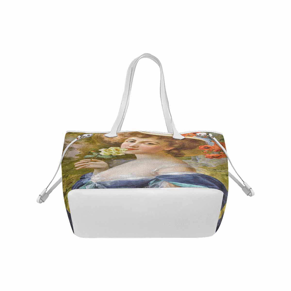 Victorian Lady Design Handbag, Model 1695361, Woman With Yellow Rose At Mouth, WHITE TRIM